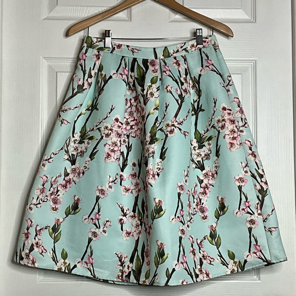 Moon Floral Midi Skirt - Sky Blue Cherry Blossom Design - NWOT - Size M